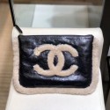 Chanel Shiny Crumpled Sheepskin and Shearling Sheepskin Clutch Beige/Black 2019 Collection CE03597