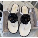 Fake Chanel Lambskin Classic Camellia Thong Sandals White/Black 2020 Collection CE02439