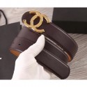 Knockoff AAA Chanel Width 3.5cm Leather Belt Burgundy/Khaki with Gold CC Logo CE03499