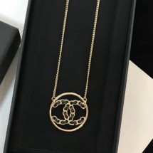 Knockoff Best Chanel Leather and Chain CC Pendant Necklace Gold/Black 2019 Collection CE02042