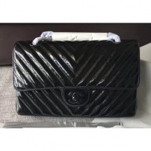 Best Chanel Patent Metallic Crumpled Calfskin Chevron Classic Flap Medium Bag Black 2018 CE00877