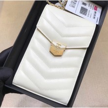 Best Fake Chanel Chevron Vintage Logo Calfskin Clutch with Chain Phone Bag A81226 White 2018 CE04123