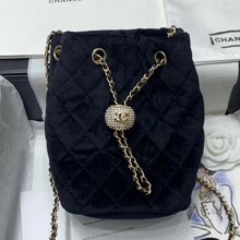 Best Replica Chanel Quilted Velvet Drawstring Bucket Bag with Crystal Ball Charm AS1894 Black 2020 Collection CE03683