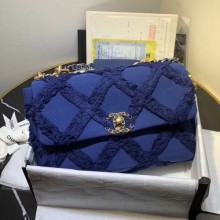 Chanel 19 Large Maxi-Quilted Fringe Canvas Flap Bag AS1161 Blue 2020 Collection CE03839