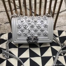 Chanel Camellia Small Boy Flap Bag A67085 Silver 2019 Collection CE04395