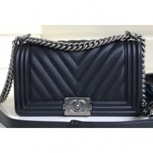 Chanel Caviar Leather Chevron Boy Flap Medium Bag Black/Silver CE04178