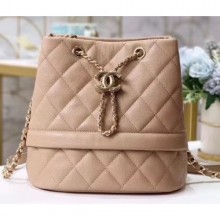 Chanel Caviar Leather Quilted Rolled Up Drawstring Bucket Bag Beige CE03879