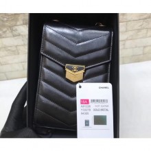 Chanel Chevron Vintage Logo Calfskin Clutch with Chain Phone Bag A81226 Black 2018 CE02845