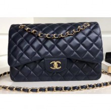 Chanel Classic Flap Jumbo/Large Bag A1113 Navy Blue in Sheepskin Leather with Gold Hardware CE02163