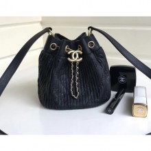 Chanel Crumpled Calfskin Coco Pleats Mini Drawstring Bag A91757 Black 2018 CE04030