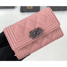 Chanel Grained Calfskin Boy Flap Card Holder A80603 Pink/Silver CE03087