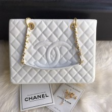 Chanel Grained Calfskin Grand Shopping Tote GST Bag White/Gold Collection CE01375