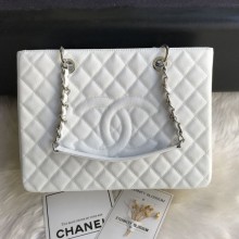 Chanel Grained Calfskin Grand Shopping Tote GST Bag White/Silver Collection CE03509