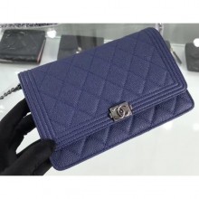 Chanel Grained Leather Boy Wallet On Chain WOC Bag A80287 Navy Blue/Silver CE01599