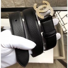 Copy Chanel Width 3cm Crystal CC Logo Buckle Leather Belt Grained Black/Gold CE02840