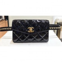 Copy Fashion Chanel Vintage Chain Belt Quilted Fanny Pack Waist Flap Bag Patent Black CE03786