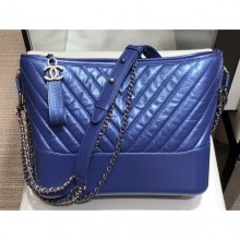 Fake Chanel Glittered Aged Calfskin Gabrielle Medium Hobo Bag A93824 Chevron Blue 2019 CE03295