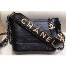 High Imitation Chanel Crocodile Embossed Calfskin Gabrielle Small Hobo Bag AS0865 Black 2019 CE03246