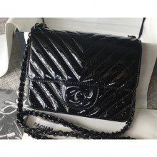 Hot Chanel Patent Metallic Crumpled Calfskin Chevron Classic Flap Mini Bag Black 2018 CE01145