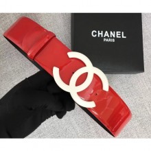 Imitation Chanel Width 5.3cm Patent Leather Belt Red with White CC Logo Belt CE02896