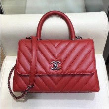 Replica Chanel Chevron Grained Calfskin Small Flap Bag with Top Handle A92990 Red 2018 CE03438