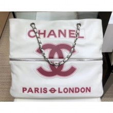 Replica Chanel Paris and London Logo Shopping Tote Bag with Zip White 2019 CE00517