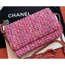 Replica Fashion Chanel Cotton Tweed Classic Wallet On Chain WOC Bag A33814 Fuchsia 2019 CE03790