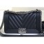 Chanel Caviar Leather Chevron Boy Flap Medium Bag Black/Silver CE04178